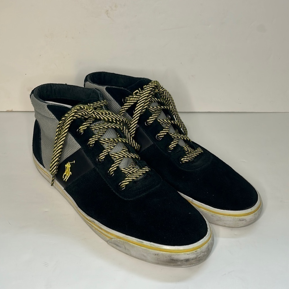 Polo Ralph Lauren Men's Hanford Mid Leather Sneakers Black Yellow Leather 11.5 D